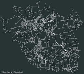 Detailed negative navigation urban street roads map on dark gray background of the quarter Jöllenbeck district of the German regional capital city of Bielefeld, Germany