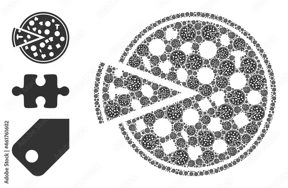Poster itself fractal composition pizza with piece. vector pizza with piece fractal is formed with randomiz