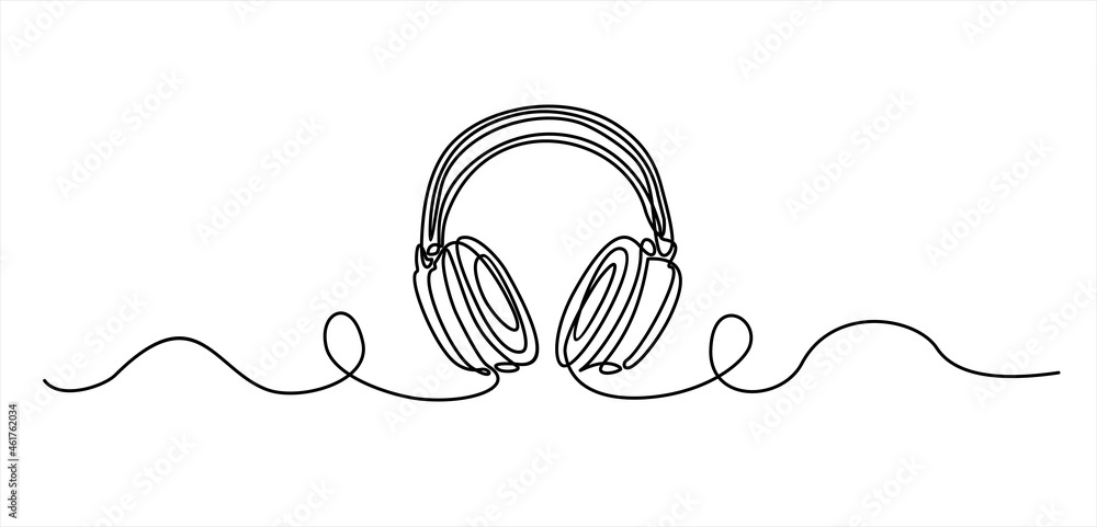 Poster one line drawing of headphone speaker device gadget continuous lineart design isolated on white back