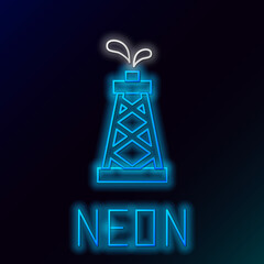 Glowing neon line Oil rig icon isolated on black background. Gas tower. Industrial object. Colorful outline concept. Vector