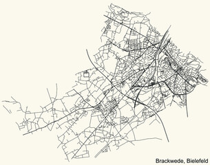 Detailed navigation urban street roads map on vintage beige background of the quarter Brackwede district of the German regional capital city of Bielefeld, Germany