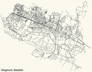 Detailed navigation urban street roads map on vintage beige background of the quarter Stieghorst district of the German regional capital city of Bielefeld, Germany