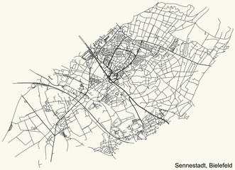 Fototapeta na wymiar Detailed navigation urban street roads map on vintage beige background of the quarter Sennestadt district of the German regional capital city of Bielefeld, Germany