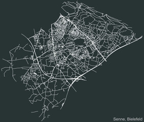 Detailed negative navigation urban street roads map on dark gray background of the quarter Senne district of the German regional capital city of Bielefeld, Germany