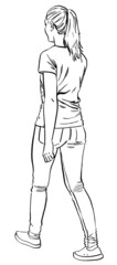 young woman walking away, back
