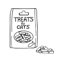 Vector illustration of cat food. An isolated object of cat treats in doodle style. Veterinary medicine for cats
