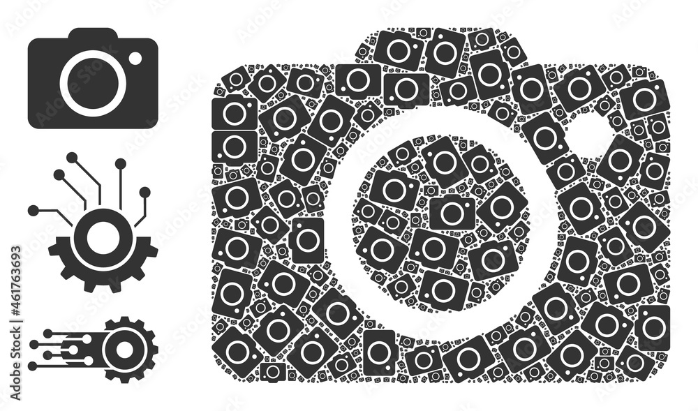 Poster itself recursive collage photo camera. vector photo camera fractal is organized of repeating itself 