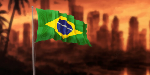 Naklejka premium Brazilian flag and apocalyptic city. Panoramic view. Artistic work