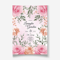Pink rose wedding card template with leaves vector design