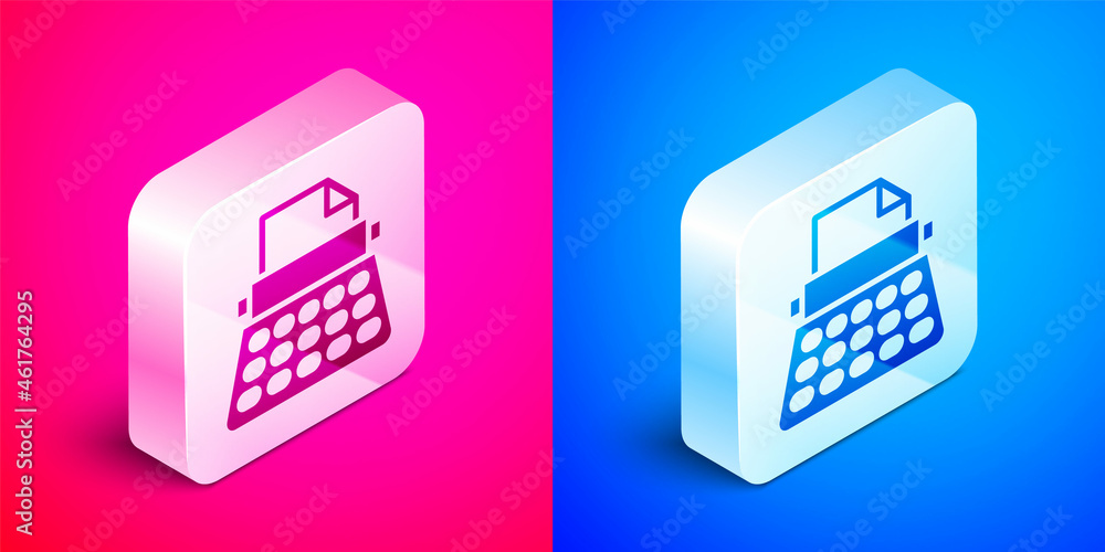 Canvas Prints isometric retro typewriter and paper sheet icon isolated on pink and blue background. silver square 