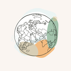 Vector illustration of hand drawn planet earth. Africa, Asia and Europe. Outlined continents and seas. World map in a circle