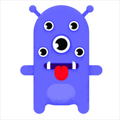 Multi-eyed cute cartoon monster. purple alien with many eyes, sharp teeth, thirsty tongue and head antenna. vector illustration.
