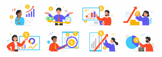 Revenue management concept. Collection of characters investing money, analyzing sales statistics and making savings. Cartoon modern flat vector set of illustrations isolated on white background