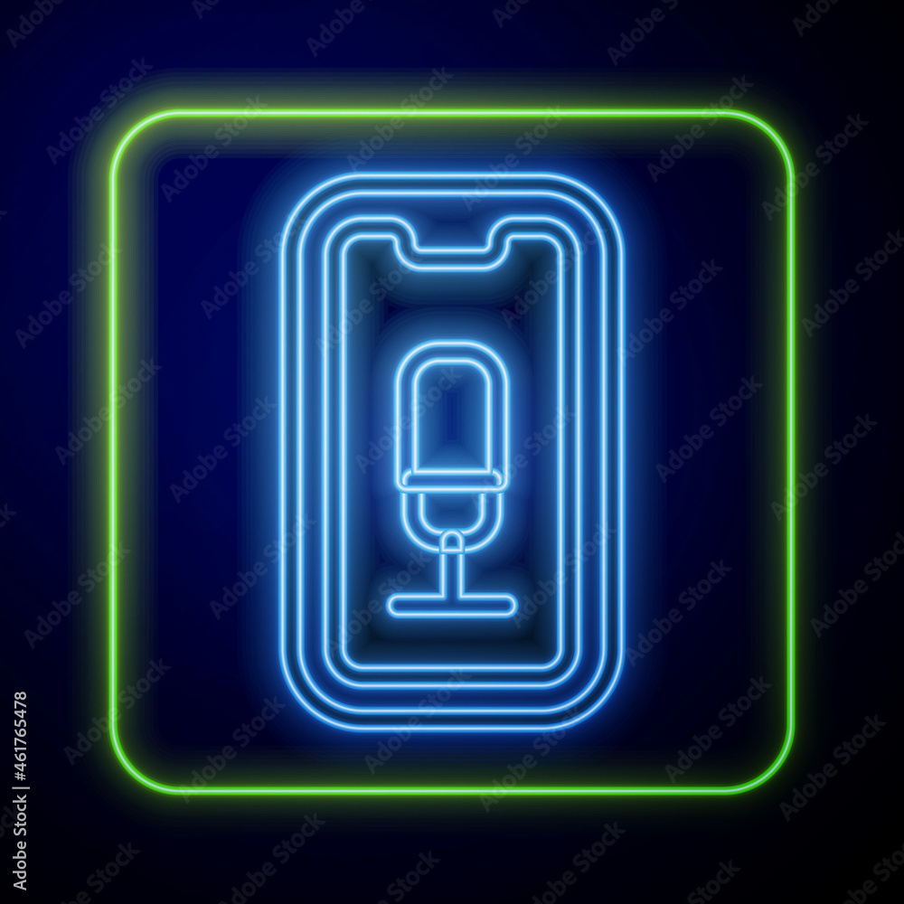 Poster Glowing neon Mobile recording icon isolated on blue background. Mobile phone with microphone. Voice recorder app smartphone interface. Vector