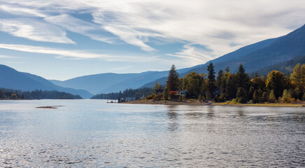 Scenic View of Kootenay River. Sunny Fall Season Day. Located in Balfour near Nelson, British Columbia, Canada.