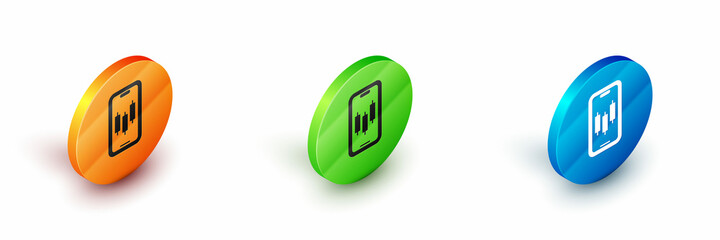 Isometric Mobile stock trading concept icon isolated on white background. Online trading, stock market analysis, business and investment. Circle button. Vector