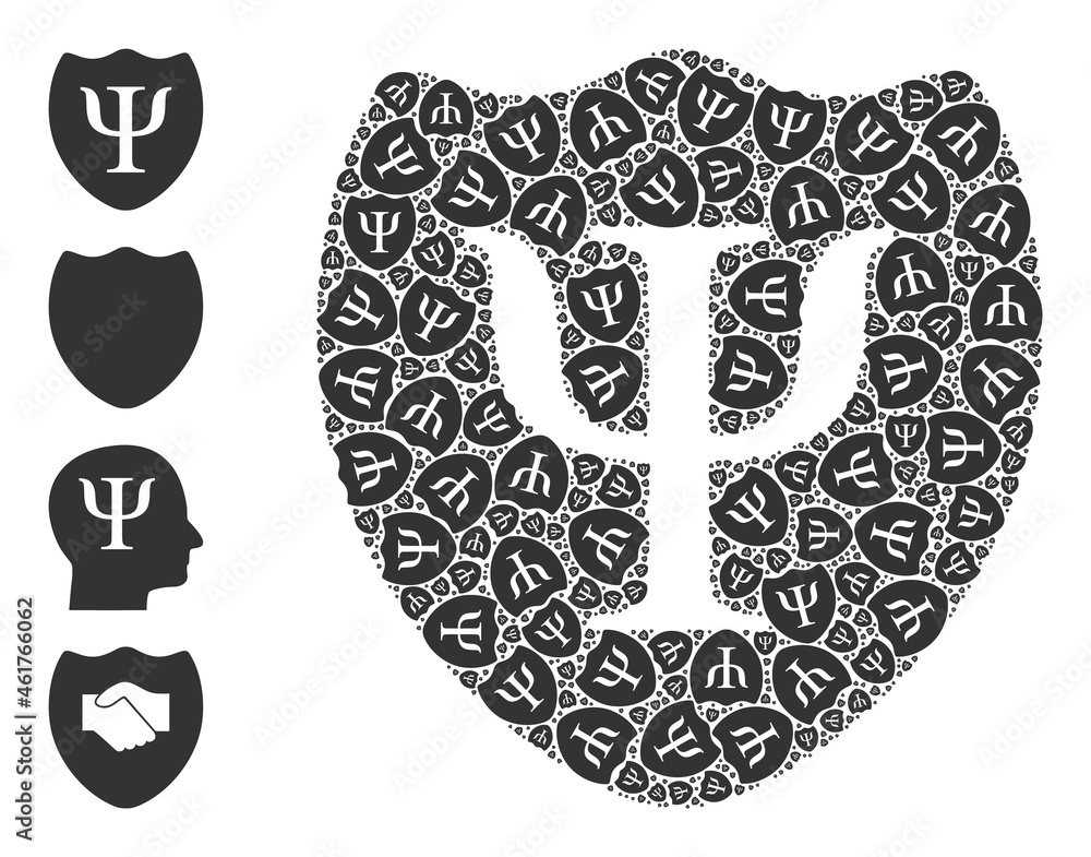 Poster itself recursion collage psychology shield. vector psychology shield mosaic is designed with random 