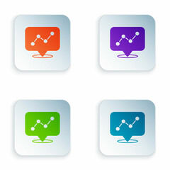 Color Graph, schedule, chart, diagram, infographic, pie graph icon isolated on white background. Set colorful icons in square buttons. Vector