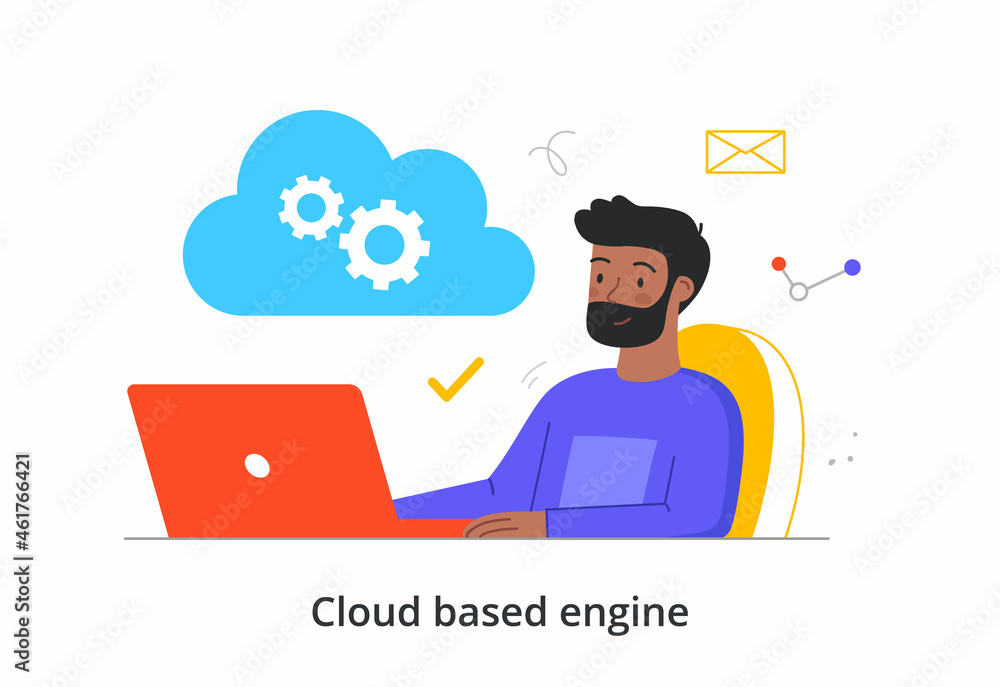 Aufkleber cloud based engine. man sitting in office and downloading files to laptop from cloud storage. data t