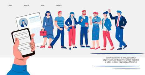 Website banner for HR recruitment agency.  Online job Interview and hiring staff concept  for web or presentation and social media network, flat vector illustration.