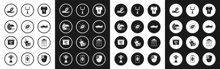Fototapeta premium Set American football jersey, Football, and helmet, on hand, Soccer or shoes with spikes, goal post, Planning strategy concept and icon. Vector