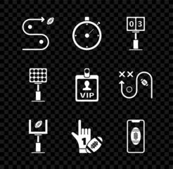 Set Planning strategy concept, American goal post, Number 1 one fan hand glove with finger raised american, Smartphone the screen, Bright stadium lights and VIP badge icon. Vector