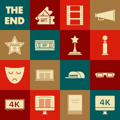Set Computer PC monitor with 4k video technology, Play Video, VHS cassette tape, Hollywood walk of fame star celebrity boulevard, The End handwritten inscription and Movie trophy icon. Vector