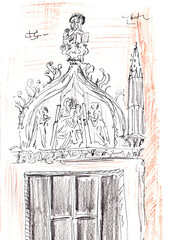 Venice gothic church portal graphic black and white travel sketch