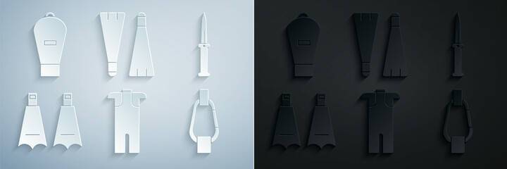 Set Wetsuit for scuba diving, Army knife, Rubber flippers swimming, Carabiner, and Lift bag icon. Vector