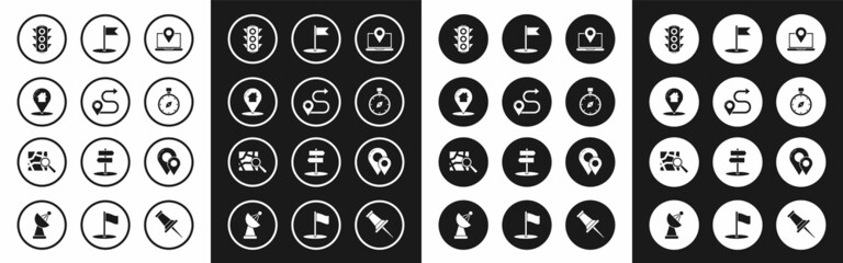 Set Laptop with location marker, Route, Map pointer house, Traffic light, Compass, Flag, pin and Folded map icon. Vector