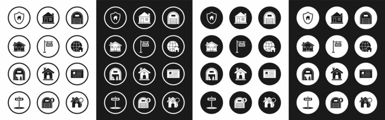 Set Warehouse, Hanging sign with text Sold, House, shield, Globe symbol, Online Sale and icon. Vector