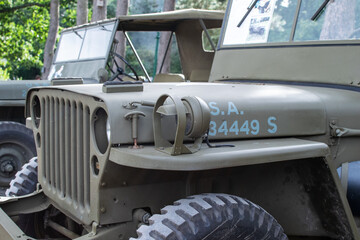 Sheringham, Norfolk, UK - SEPTEMBER 14 2019: Close up photo of 1941 Willys MB military Jeep - obrazy, fototapety, plakaty