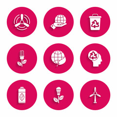 Set Earth globe and leaf, Light bulb with, Wind turbine, Human head recycle, Recycling plastic bottle, Recycle symbol and icon. Vector