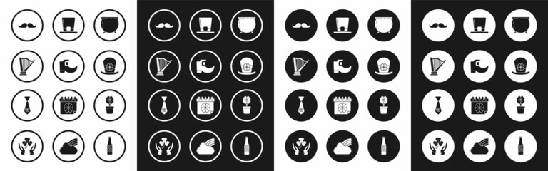 Set Witch cauldron, Tradition leprechaun boots, Harp, Mustache, Leprechaun hat and four leaf clover, Four in pot and Tie with icon. Vector