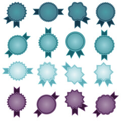 A set of sixteen multi-colored starburst icons with ribbons, sunburst in bright colors with a geometric pattern on a white background, an empty sign with an inscription, vector graphics