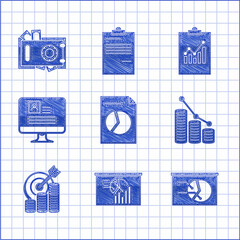 Set Document with graph chart, Board, Pie infographic and coin, Target symbol, Computer monitor resume, Clipboard and Safe money icon. Vector