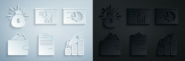 Set Document, Board with graph chart, Wallet stacks paper money cash, Rocket flying up coins growth, and Money bag icon. Vector