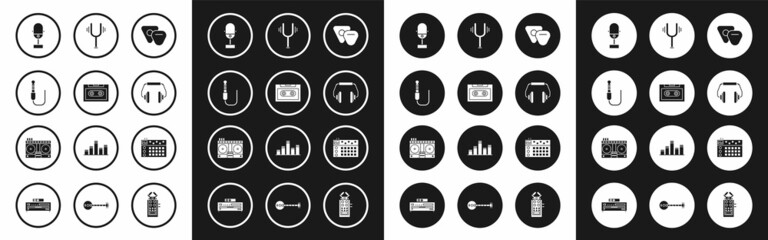 Set Guitar pick, Retro audio cassette tape, Audio jack, Microphone, Headphones, Musical tuning fork, Drum machine and DJ remote playing and mixing music icon. Vector