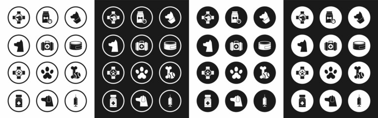 Set Cat, Pet first aid kit, Veterinary clinic symbol, Canned food, Bag of for pet, toys bone rubber and ball and icon. Vector