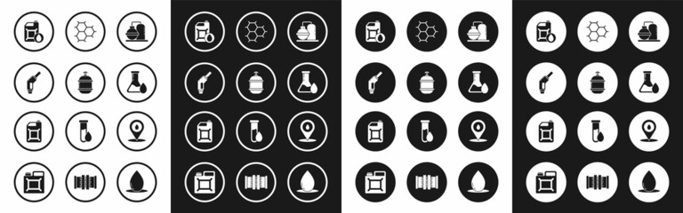 Set Oil and gas industrial factory building, Canister for motor machine oil, petrol test tube, Chemical formula consisting of benzene rings, Refill fuel location and gasoline icon. Vector