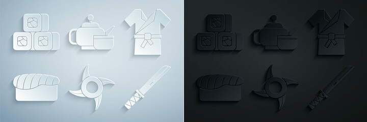Set Japanese ninja shuriken, costume Kimono, Sushi, Traditional katana, tea ceremony and icon. Vector