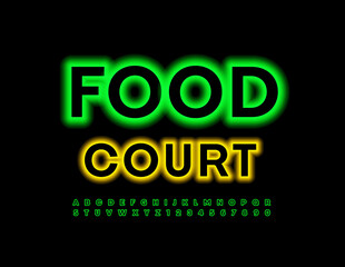 Vector Neon Banner Food Court. Original Electric Font. Artistic Alphabet Letters and Numbers set