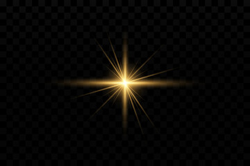 Light effect. Golden bright star, yellow sun. Starlight.
