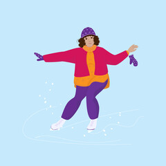 A pretty chubby girl is skating on a winter ice skating rink. Active lifestyle in winter. Vector illustration in cartoon style.