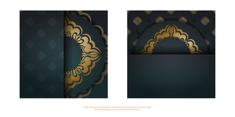 Gradient green postcard with Greek gold ornaments is print-ready.