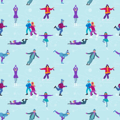 Fototapeta na wymiar Seamless pattern with a winter plot. Figure skaters, girls and boys ride on an ice rink. Sports theme. Vector illustration in cartoon style.