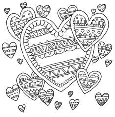 Hearts love romantic flower blossom lined doodle coloring book page black and white background art therapy relax psychology lace