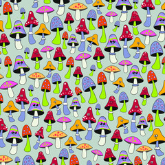Background vector image with colorful cartoon mushrooms on a light background
