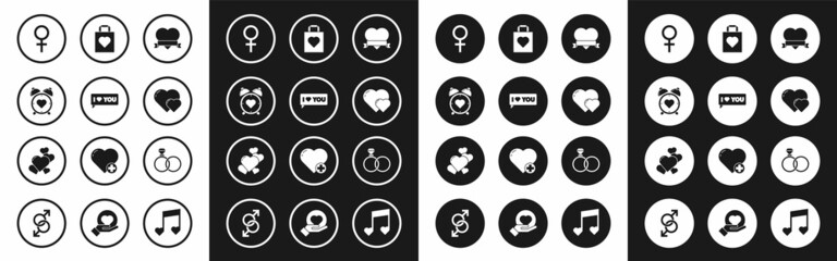Set Heart and ribbon, Speech bubble with I love you, in the center alarm clock, Female gender symbol, Shopping bag heart, Wedding rings and icon. Vector
