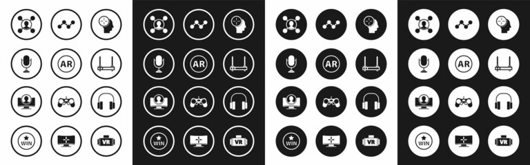 Set Head hunting concept, Ar, augmented reality, Microphone, Share, Router and wi-fi signal, Headphones and Create account screen icon. Vector